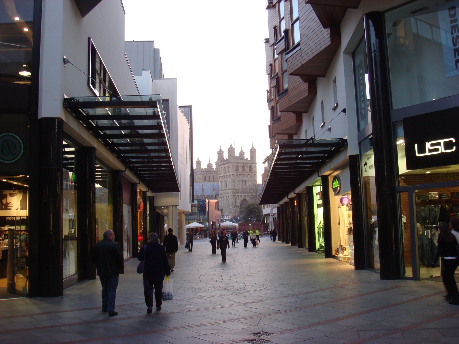 Exeter Cathedral towers seen from the Princesshay shopping district