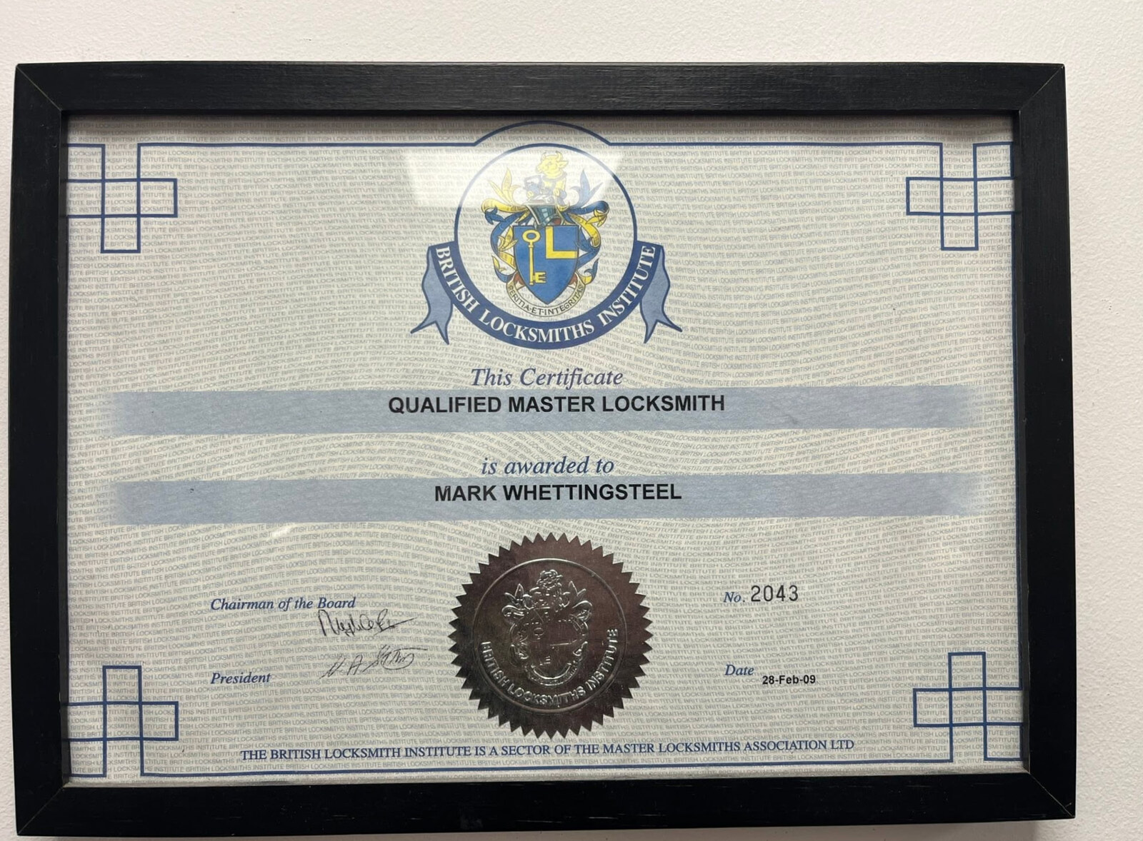 Framed British Locksmiths Institute Qualified Master Locksmith certificate awarded to Mark Whettingsteel, certificate no. 2043