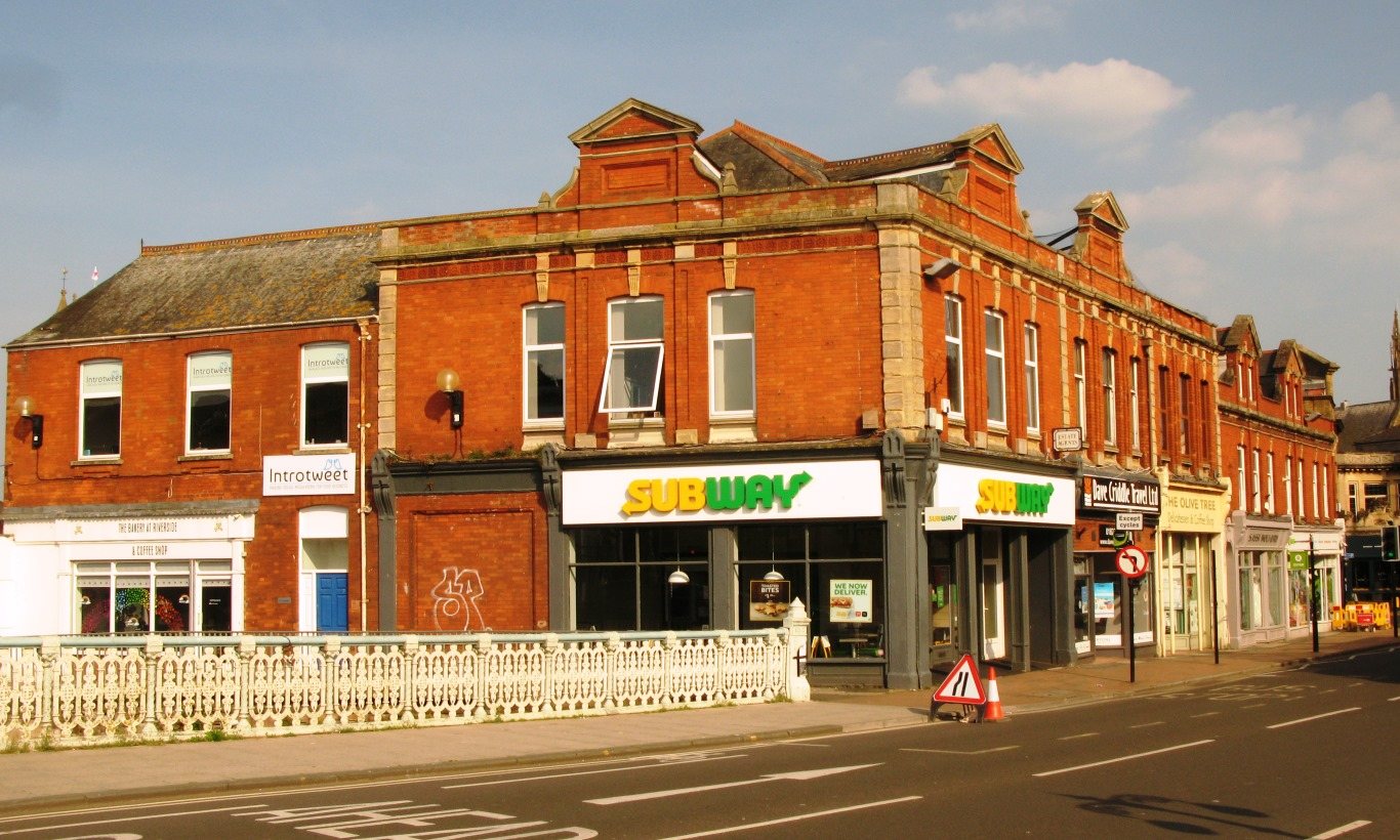 The Bridge in Taunton town centre with shops and river-facing buildings