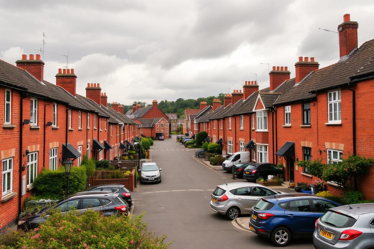 Rows of red brick terraced houses on a small town street