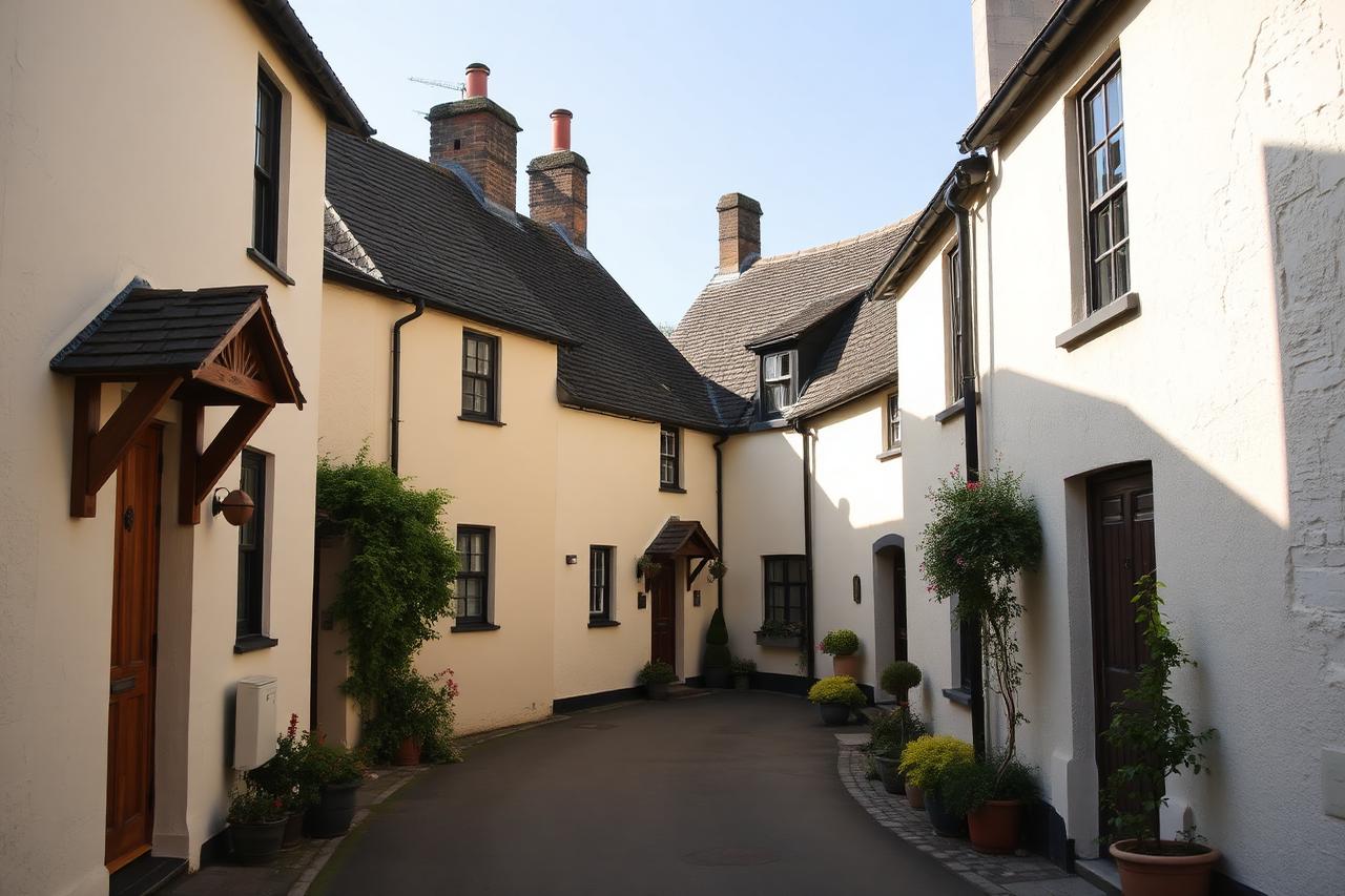 Narrow village lane with cream cottages and wooden front doors