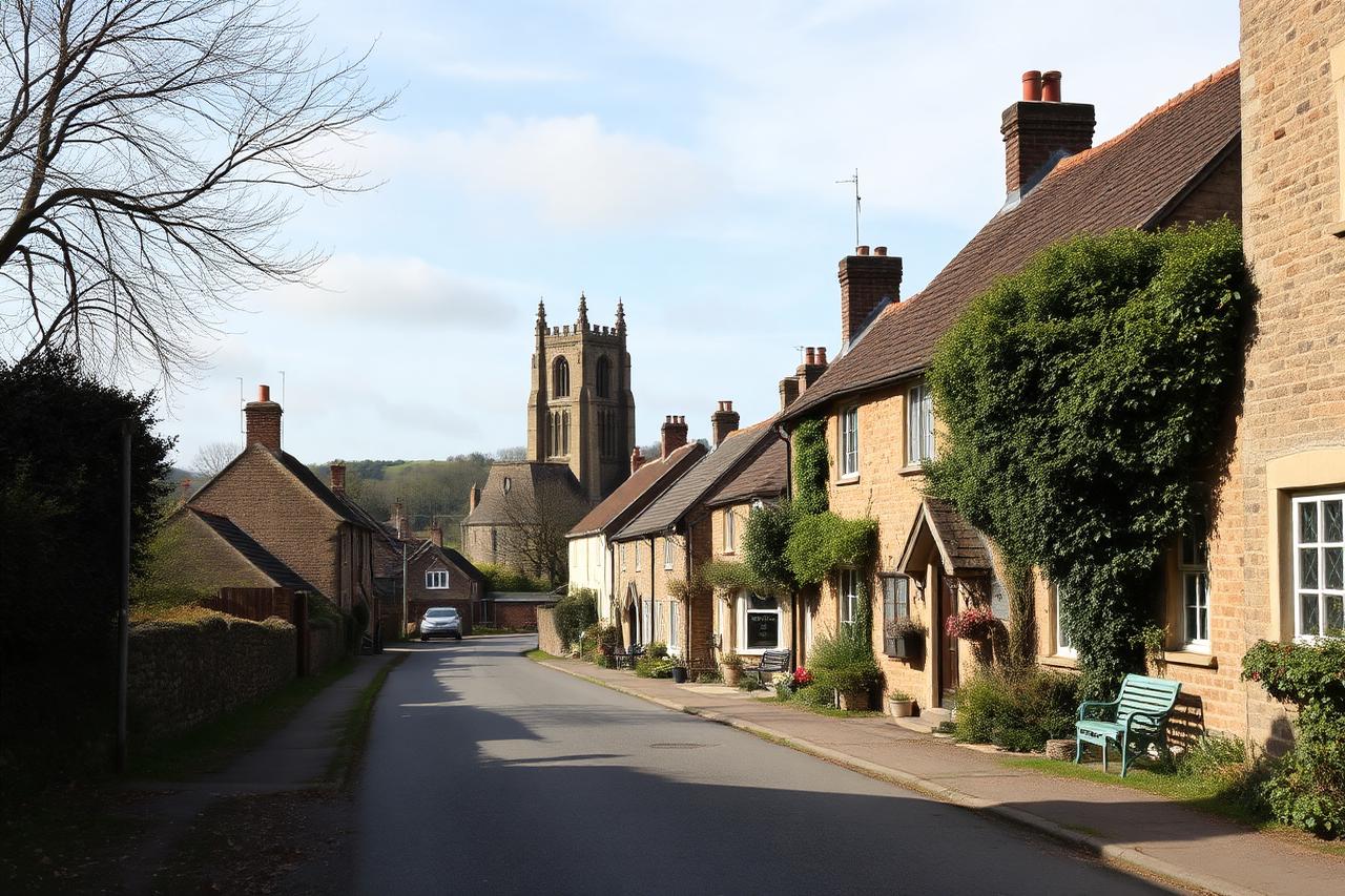 Village street of stone cottages with a church tower behind