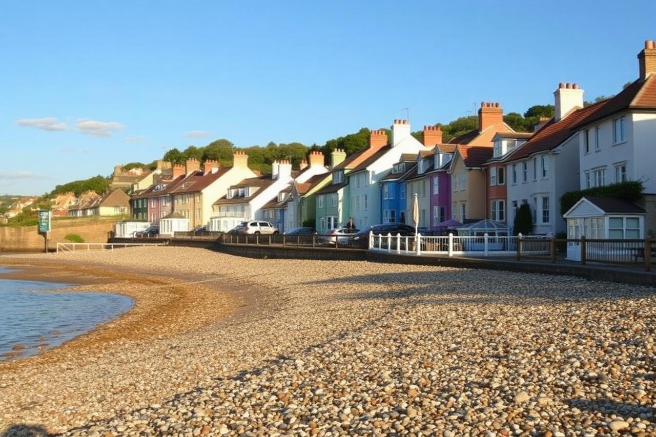 Seafront row of pastel houses beside a pebble beach