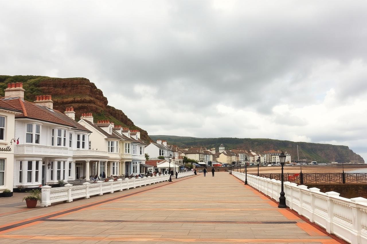 Seaside esplanade lined with white buildings below red cliffs