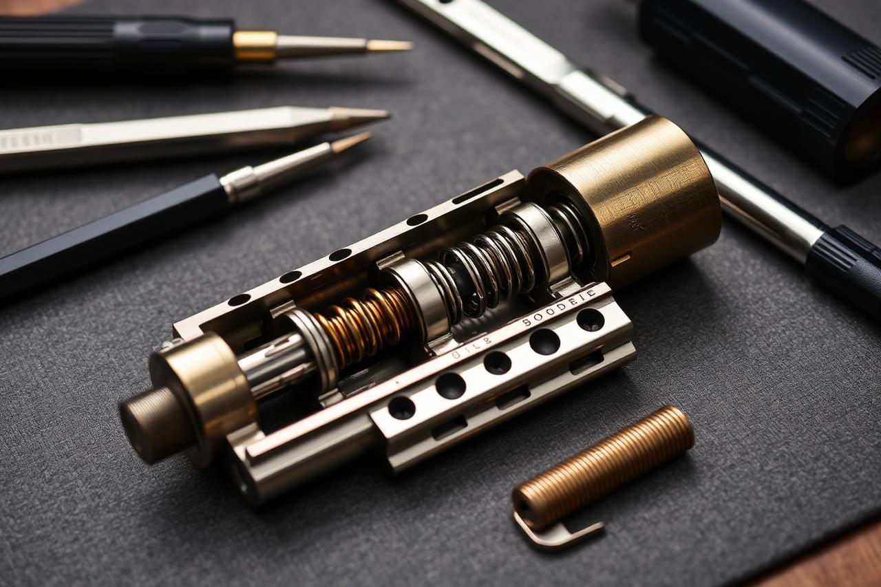 Disassembled lock cylinder with pins and springs beside precision tools