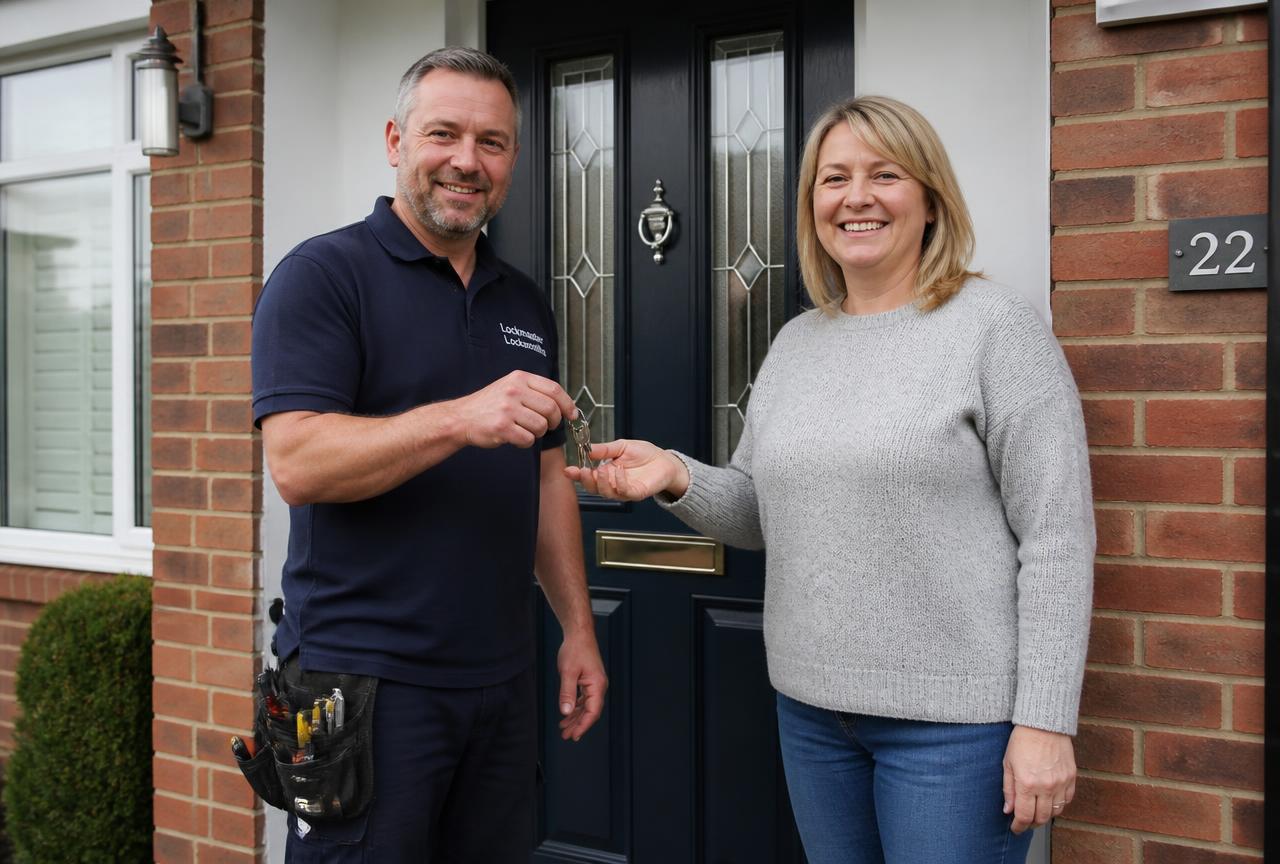 Smiling locksmith handing house keys to a happy homeowner at her front door