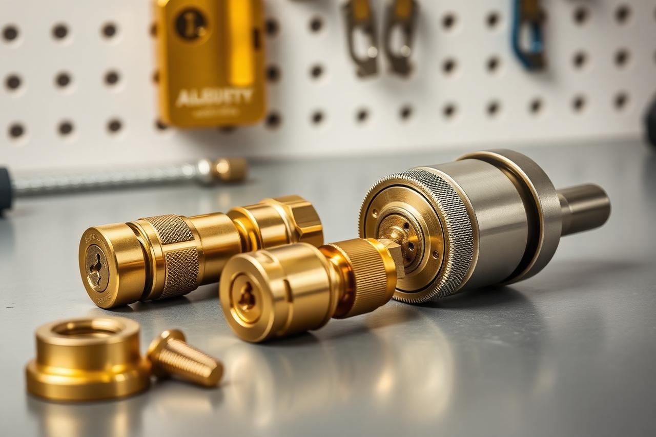 Brass euro cylinder lock components arranged on a workshop bench