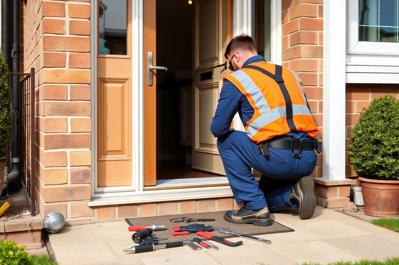 Locksmith kneeling at a uPVC front door fitting a lock mechanism with tools laid out