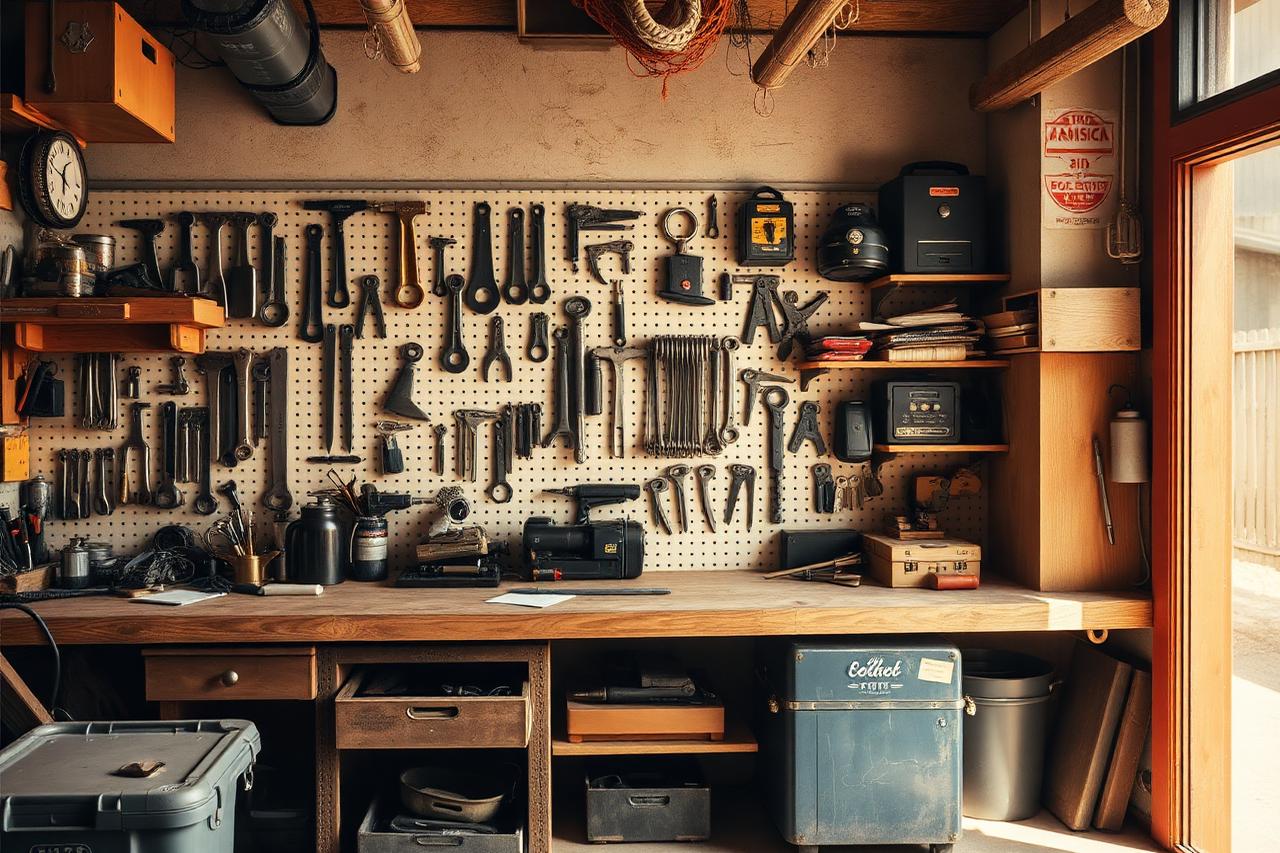 Locksmith workshop with tools on a pegboard above a workbench