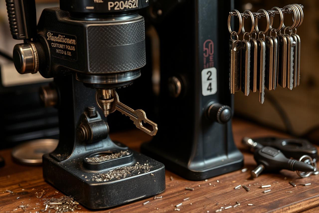 Key cutting machine duplicating a key beside a rack of blank keys