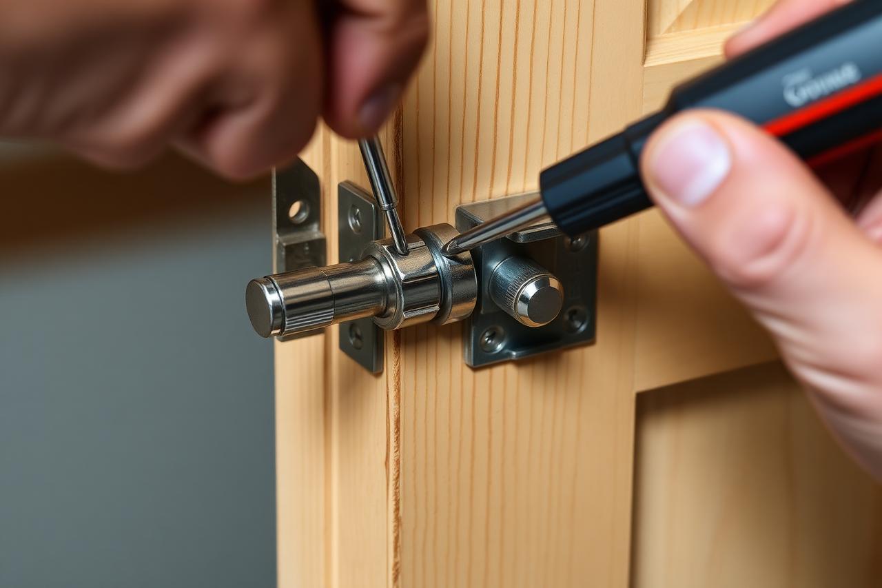 Hands fitting door and lock hardware onto a wooden door edge