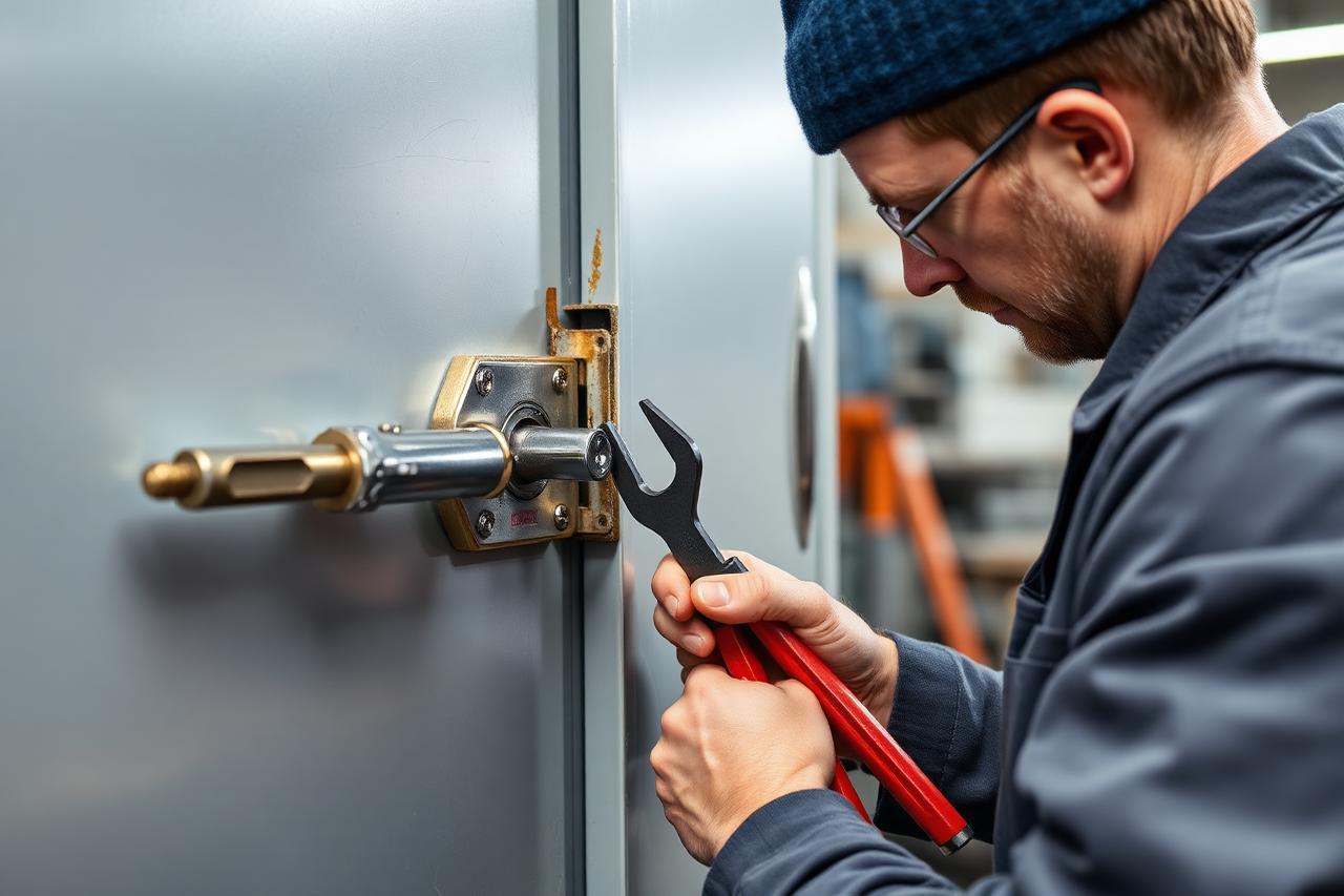 Technician repairing door and lock hardware on a metal door