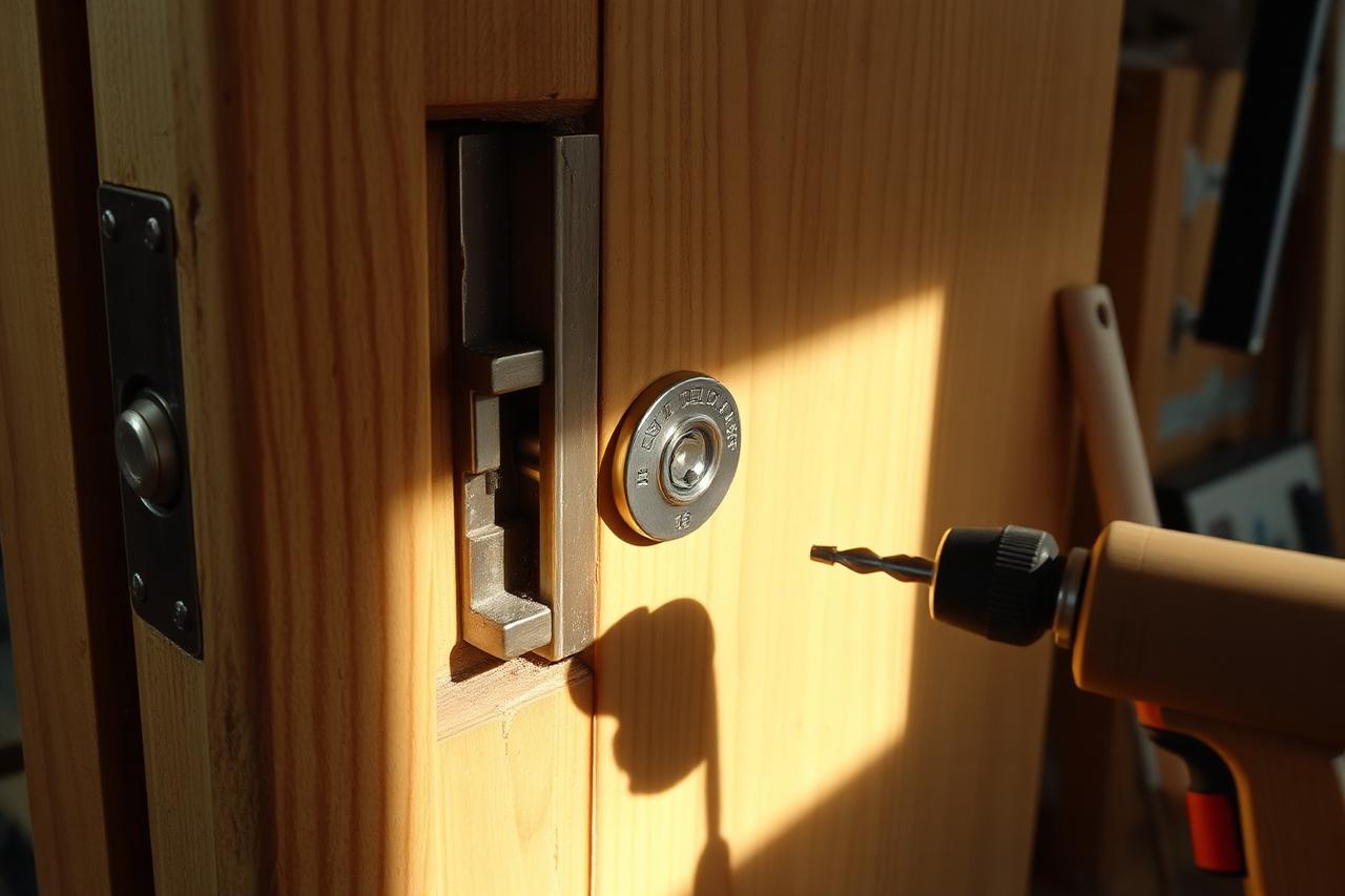 Mortice lock being fitted into a wooden door with a drill nearby