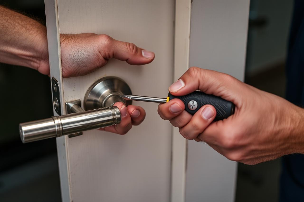 Locksmith adjusting a door handle and latch with a screwdriver