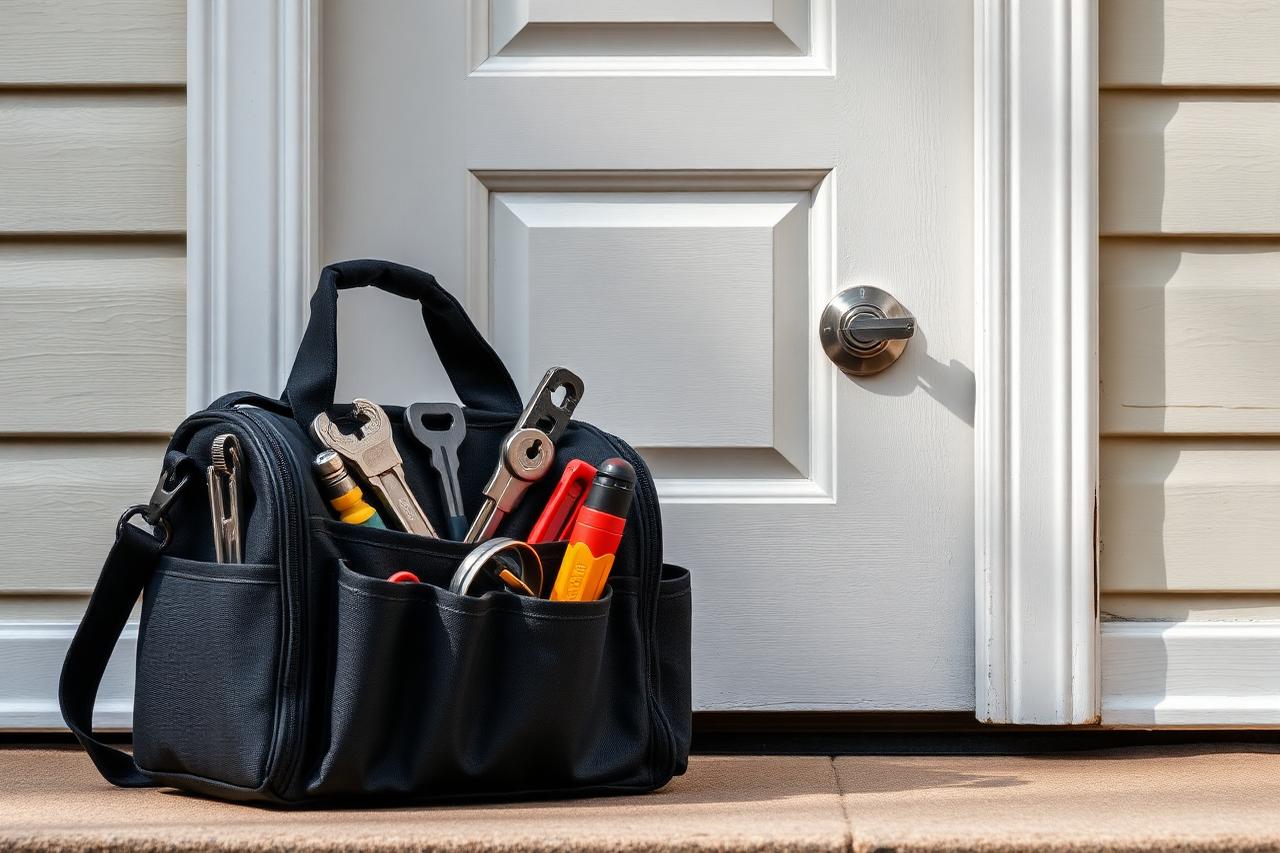 Open locksmith tool bag on a doorstep beside a white front door