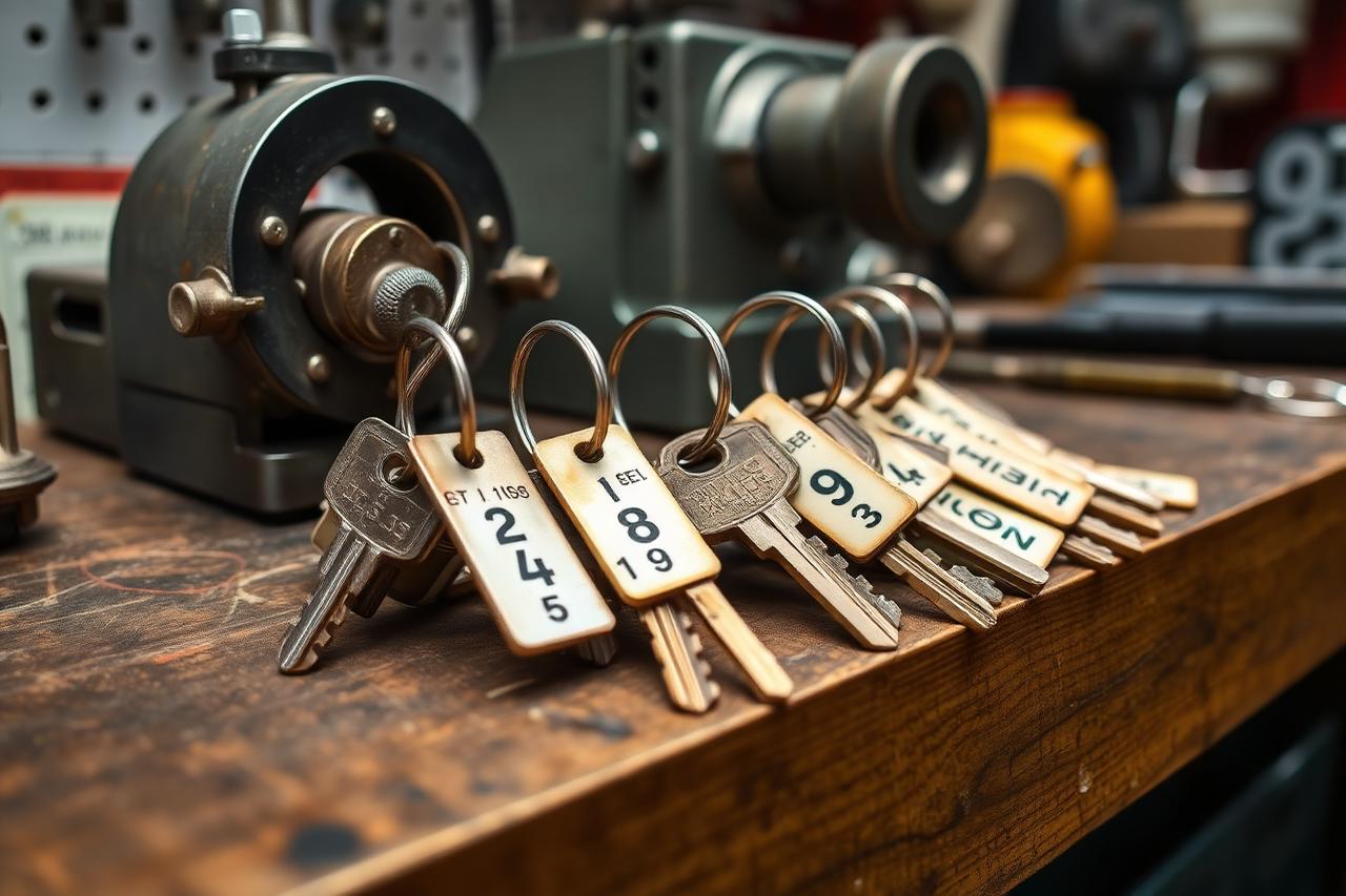 Numbered keys on rings resting on a workshop bench