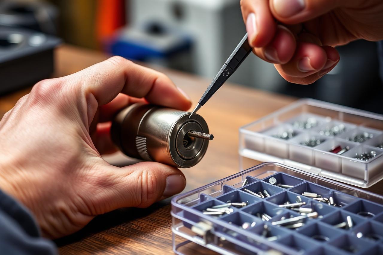 Locksmith rekeying a lock cylinder with tweezers and a pin tray