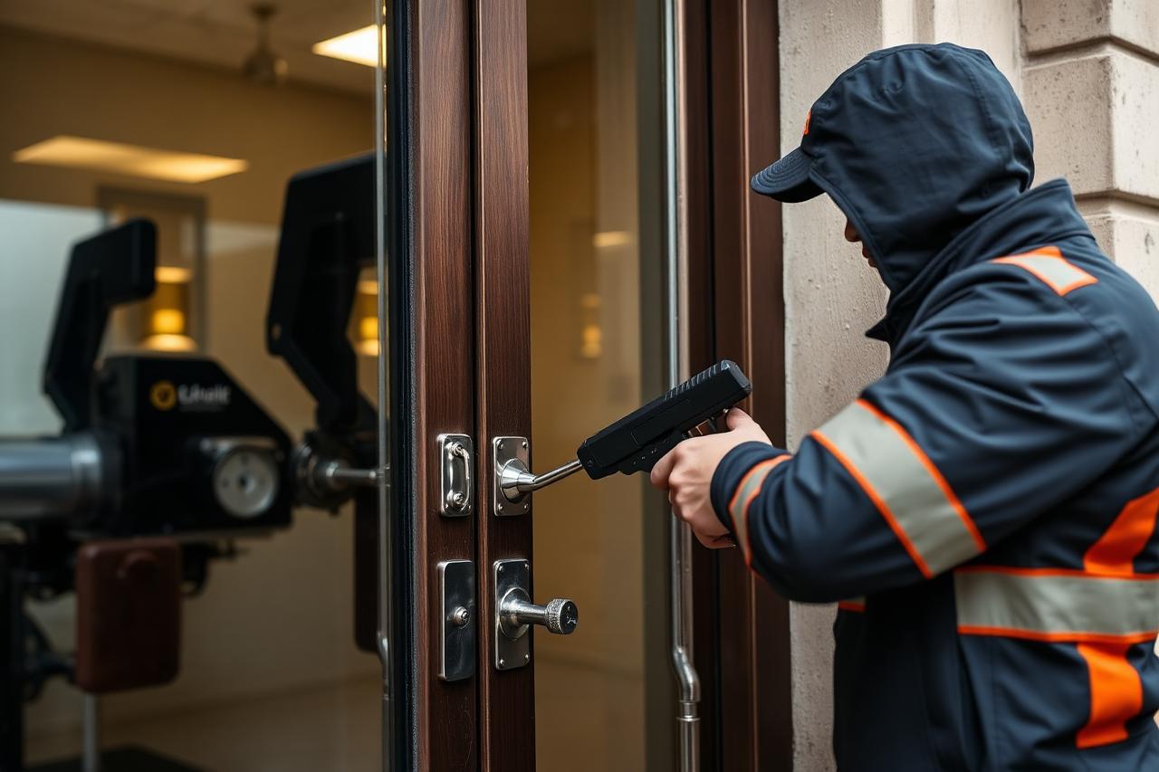 Locksmith using tools at the entrance door of a property