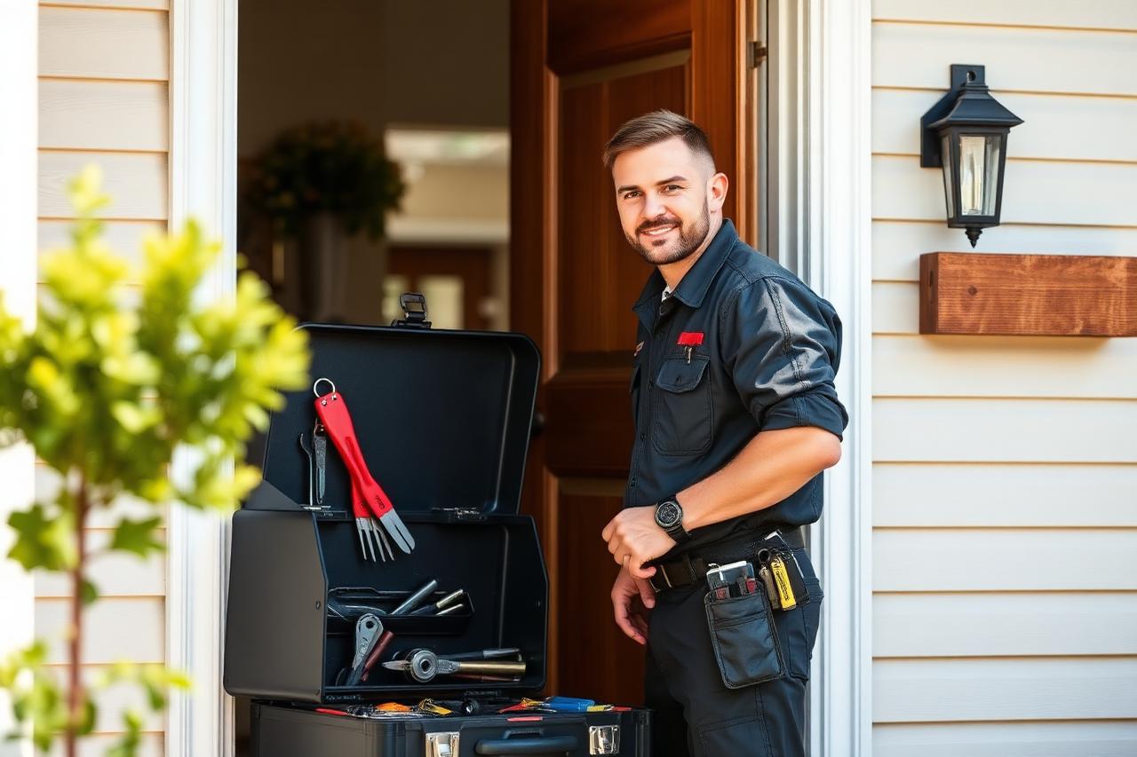 Locksmith standing beside an open toolbox at a residential doorway