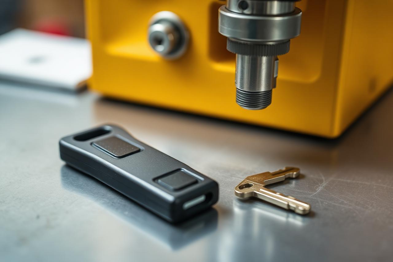 Multipoint door key and fob beside a key duplicating machine