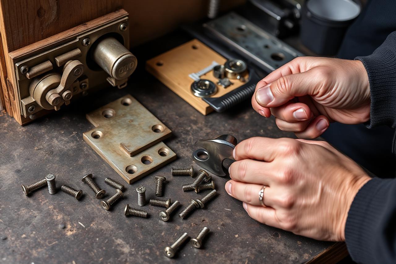 Worn door hardware, strike plate and screws laid out for replacement