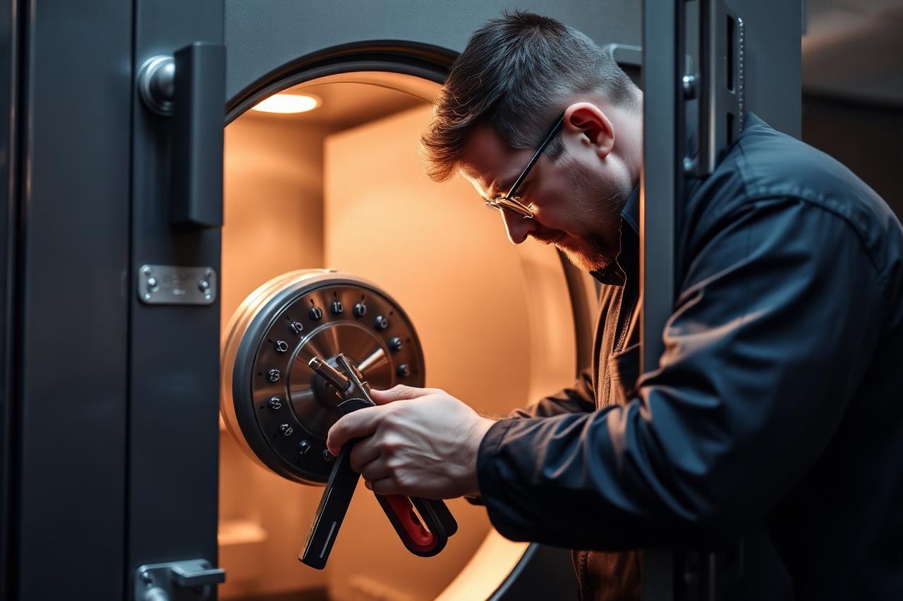 Technician working on the dial lock of an open steel safe