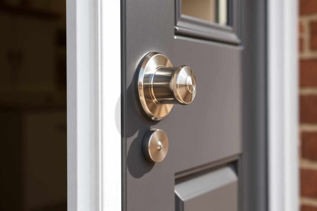Close-up of a security cylinder lock on a grey composite front door