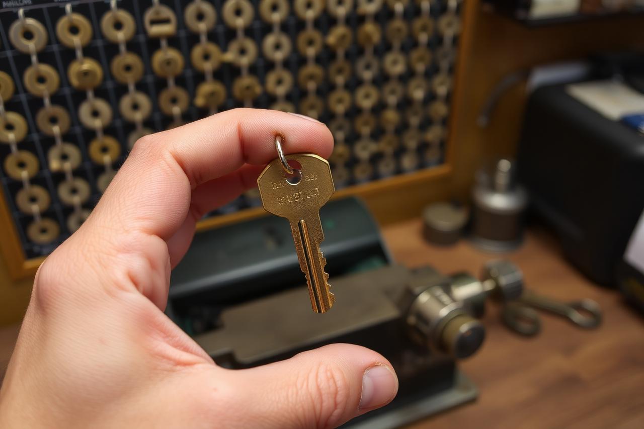 Hand holding a freshly cut brass house key in front of a key blank board