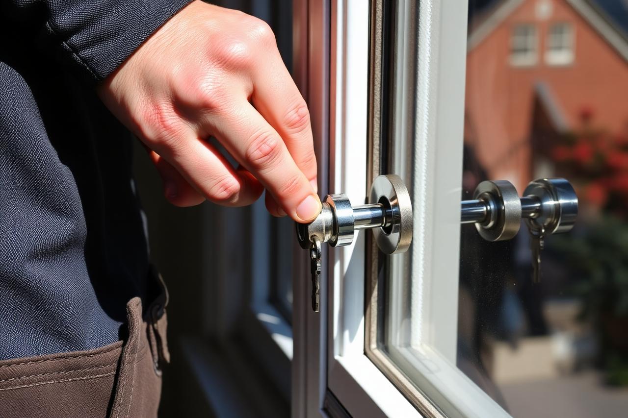 Locksmith fitting a lock to a white uPVC window frame